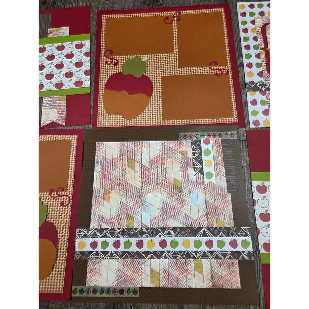 Scrapbooking Pre-Made Pages Just Add Pictures Apples Brown Red Green Set of 6